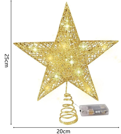 Star Christmas Tree Topper – 20 LED, Gold or Silver, Battery Operated