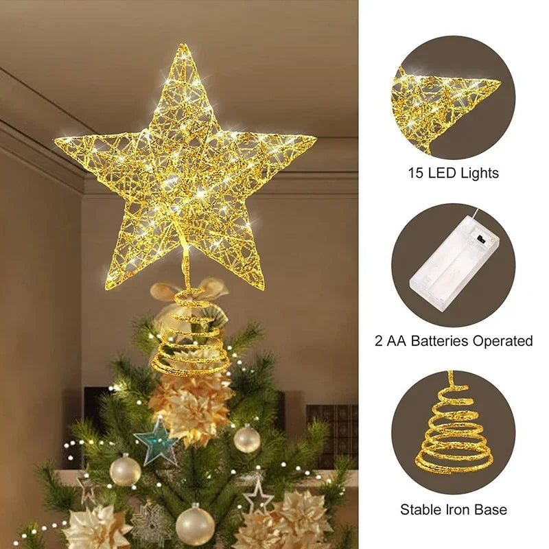 Star Christmas Tree Topper – 20 LED, Gold or Silver, Battery Operated