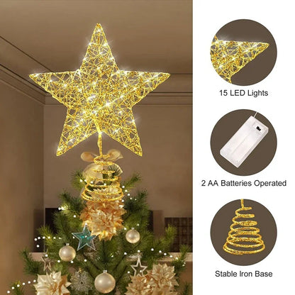Star Christmas Tree Topper – 20 LED, Gold or Silver, Battery Operated