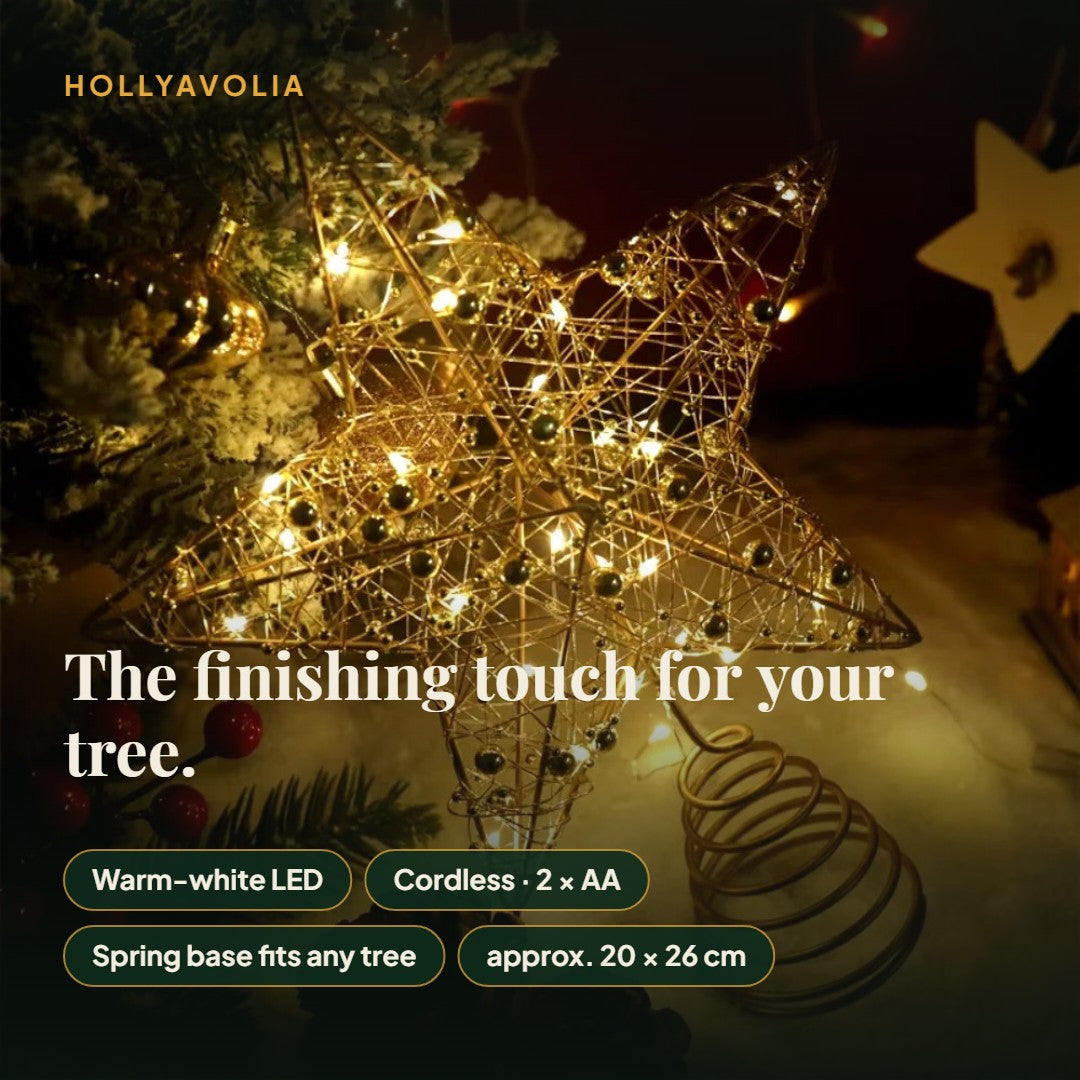 Star tree topper features: warm-white LED, cordless, spring base, 20 × 26 cm