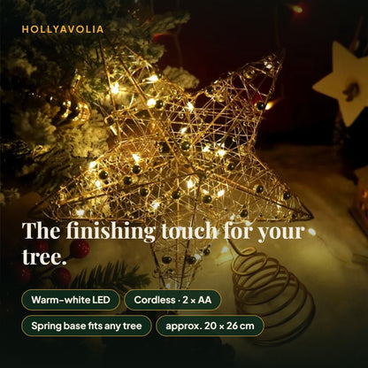 Star tree topper features: warm-white LED, cordless, spring base, 20 × 26 cm